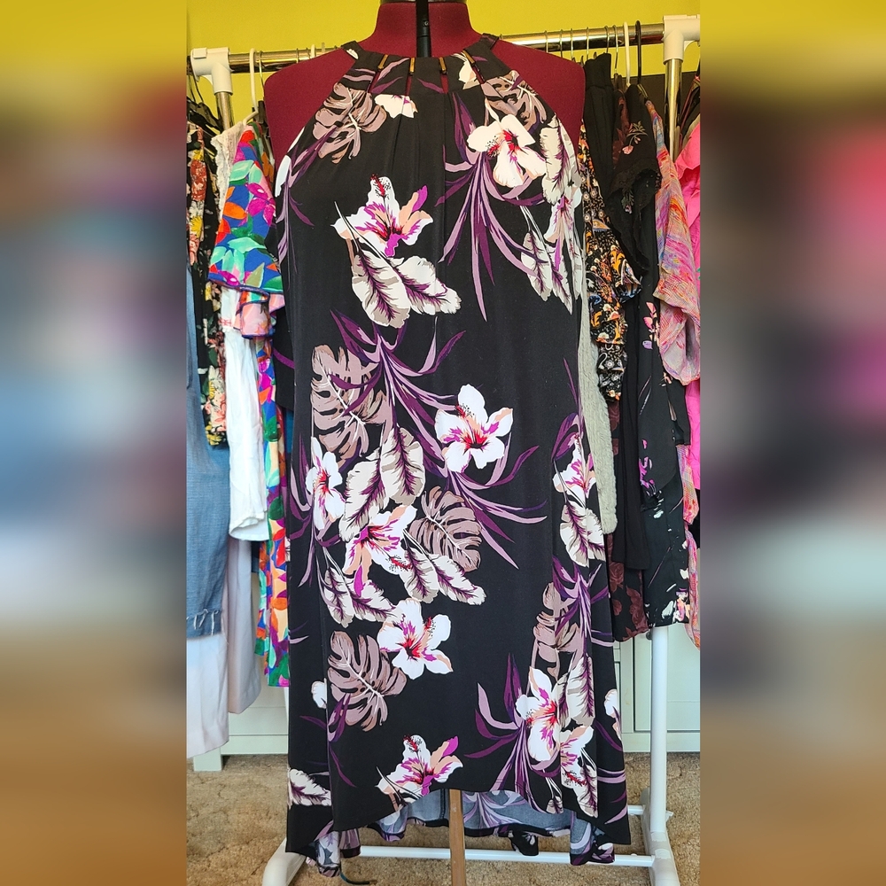 Jennifer Lopez Black and Pink Floral High Low Dress